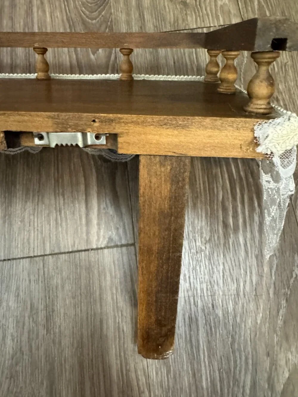 Vintage Farmhouse Wooden Wall Shelf with Lace Trim Cottage Chic Display Shelf